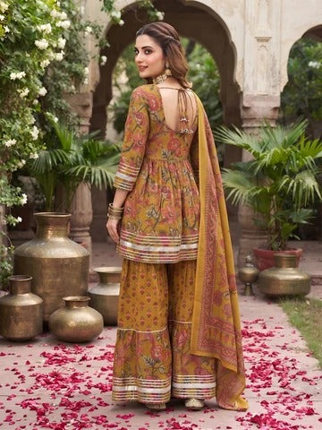 Mustard Printed Peplum Kurta Set With Dupatta for Women