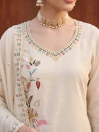 Beige Embroidered Kurta Set With Dupatta for Women
