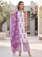 White Printed Straight Kurta Set With Dupatta for Women