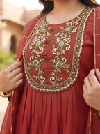Plus Size Women Red Embroidered Kurta With Palazo & Dupatta