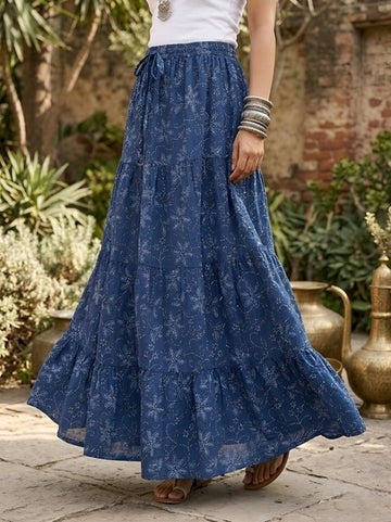 Women Blue Ethnic Printed Flared Skrit
