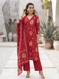Red Printed Straight Kurta Set With Dupatta for Women