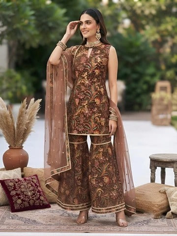 Brownn Printed Straight Kurta Set With Dupatta for Women