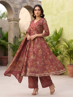 Burgundy Printed Anarkali Kurta Set With Dupatta for Women