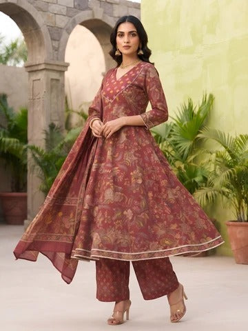 Burgundy Printed Anarkali Kurta Set With Dupatta for Women