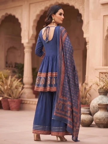 Blue Printed Peplum Kurta Set With Dupatta for Women