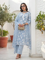 Blue Printed Straight Kurta Set With Dupatta for Women