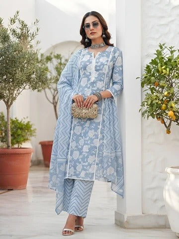 Blue Printed Straight Kurta Set With Dupatta for Women