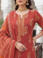 Rust Printed Straight Kurta Set With Dupatta for Women