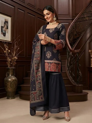 Black Printed Straight Sharara Set With Dupatta for Women