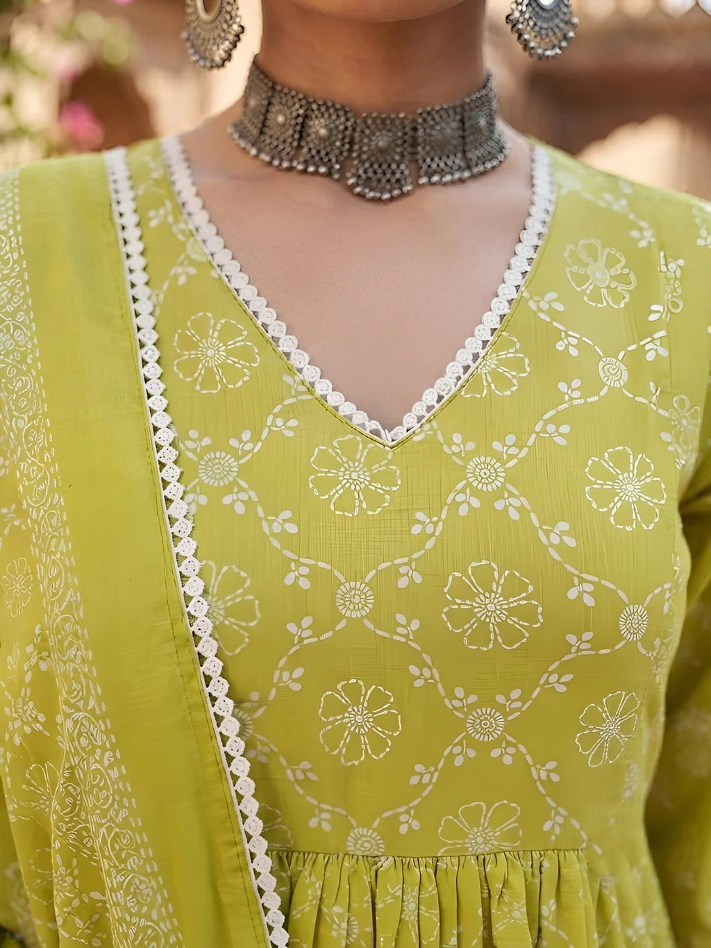 Lime Green Printed Anarkali Kurta Set With Dupatta for Women