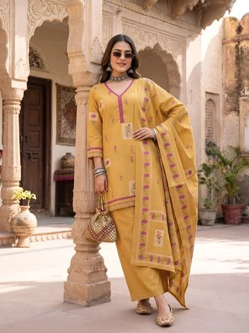 Mustard Printed Straight Kurta Set With Dupatta for Women