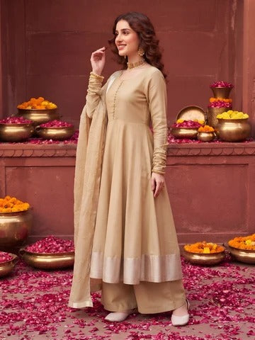 Beige Anarkali Kurta Set With Dupatta for Women
