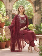Maroon Embroidered A-Line Kurta Set With Dupatta for Women