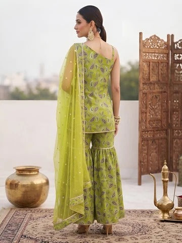 Green Printed Straight Kurta Set With Dupatta for Women