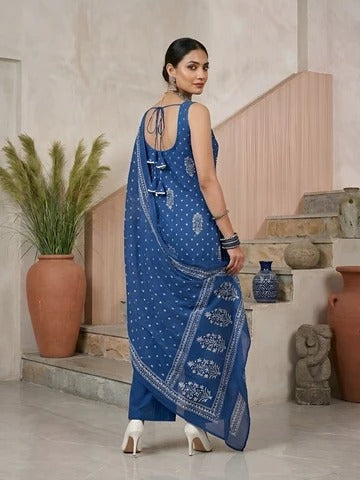 Blue Printed Straight Kurta Set With Dupatta for Women