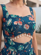 Teal Blue Floral Printed With Stylish Front Design Dress for Women