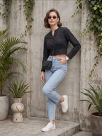 Women Solid Black Cotton Crop Top
