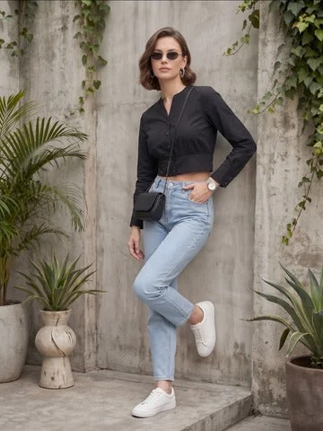Women Solid Black Cotton Crop Top