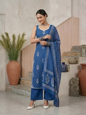 Blue Printed Straight Kurta Set With Dupatta for Women