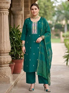 Plus Size Women Green Embroidered Kurta With Palazo & Dupatta
