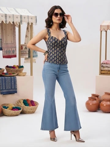 Women Blue Printed Stylish Crop Top