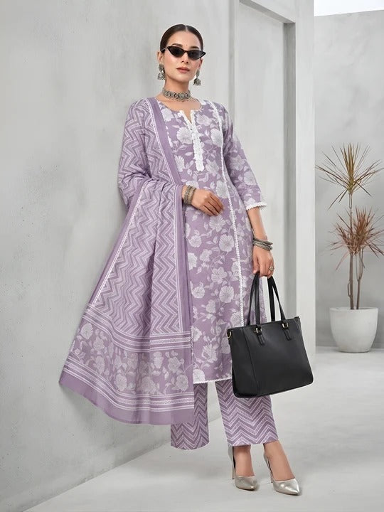 Lavender Printed Straight Kurta Set With Dupatta for Women