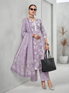 Lavender Printed Straight Kurta Set With Dupatta for Women