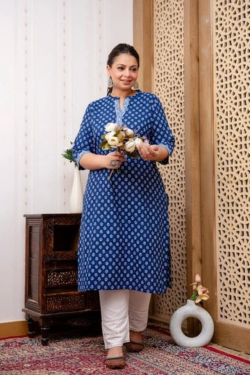 Plus Size Blue Printed Straight kurta For Women