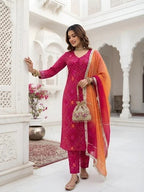 Megenta Pink Bandhani Printed Straight Kurta Set With Dupatta for Women