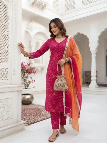 Megenta Pink Bandhani Printed Straight Kurta Set With Dupatta for Women