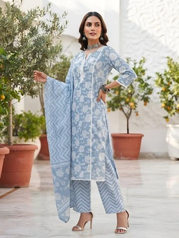 Blue Printed Straight Kurta Set With Dupatta for Women