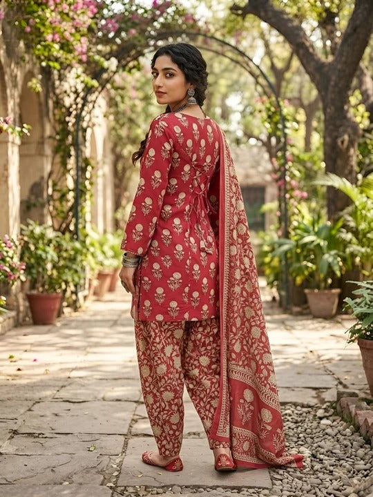 Pink Printed Straight Kurta Set With Dupatta for Women