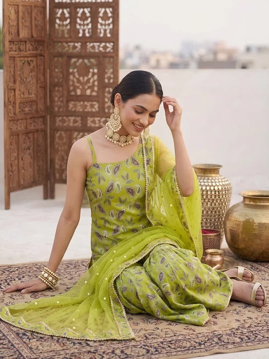 Green Printed Straight Kurta Set With Dupatta for Women