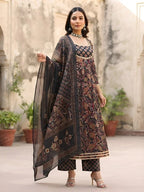 Black Printed Anarkali Kurta Set With Dupatta for Women
