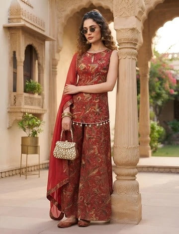 Red Printed Straight Trendy Kurta Set With Dupatta for Women