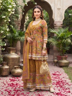 Mustard Printed Peplum Kurta Set With Dupatta for Women