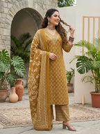 Plus Size Women Yellow Printed Straight Kurta With Palazo & Dupatta