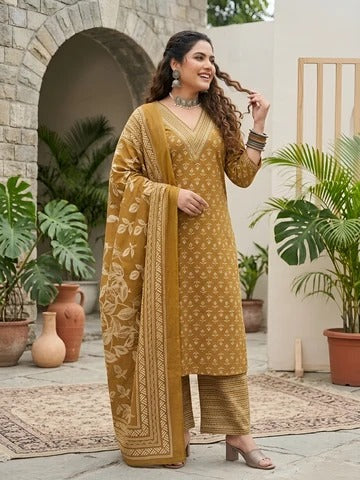 Plus Size Women Yellow Printed Straight Kurta With Palazo & Dupatta