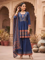 Blue Printed Peplum Kurta Set With Dupatta for Women
