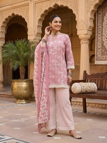 Mauve Printed Straight Kurta Set With Dupatta for Women