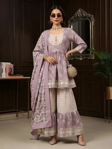 Lavender Printed Peplum Kurta Set With Dupatta for Women