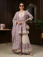 Lavender Printed Peplum Kurta Set With Dupatta for Women