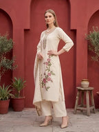 Beige Embroidered Kurta Set With Dupatta for Women