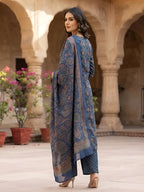 Blue Printed Straight Kurta Set With Dupatta for Women