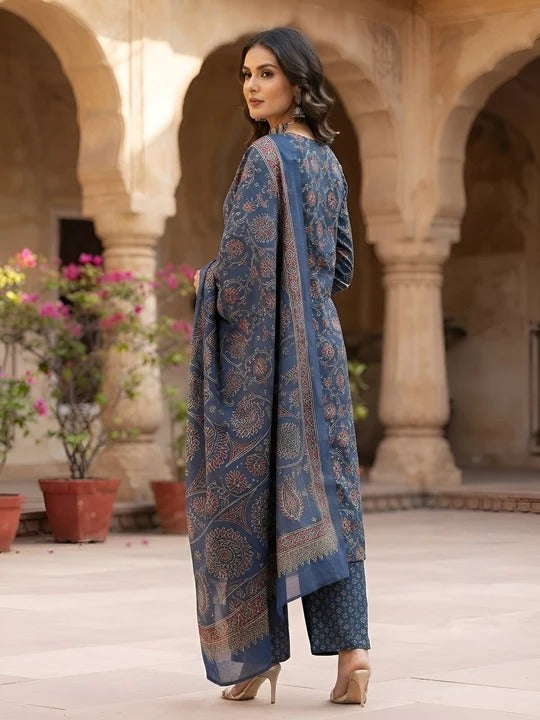 Blue Printed Straight Kurta Set With Dupatta for Women
