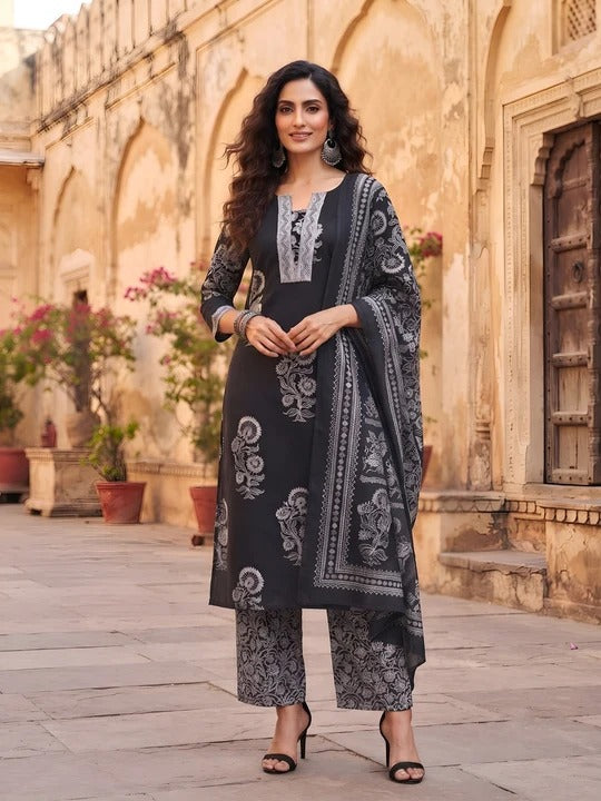 Black Printed Straight Kurta Set With Dupatta for Women