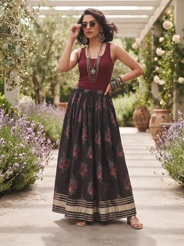 Women Black Ethnic Printed Gotta Patti Work Skrit