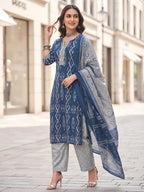 Blue Printed Straight Kurta Set With Dupatta for Women