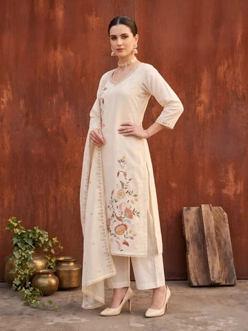 Beige Embroidered Kurta Set With Dupatta for Women